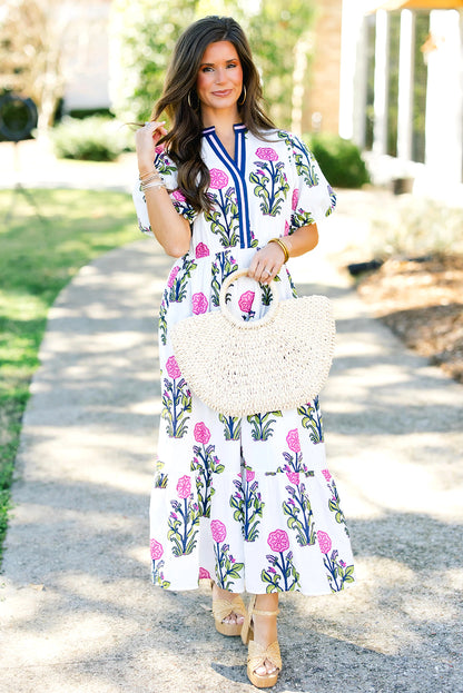White Floral Puff Short Sleeve V Neck High Waist Maxi Dress