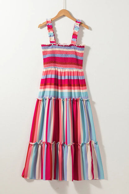 Red Stripe Ruffled Straps Smocked Tiered Long Dress - Chic Meadow Boutique 