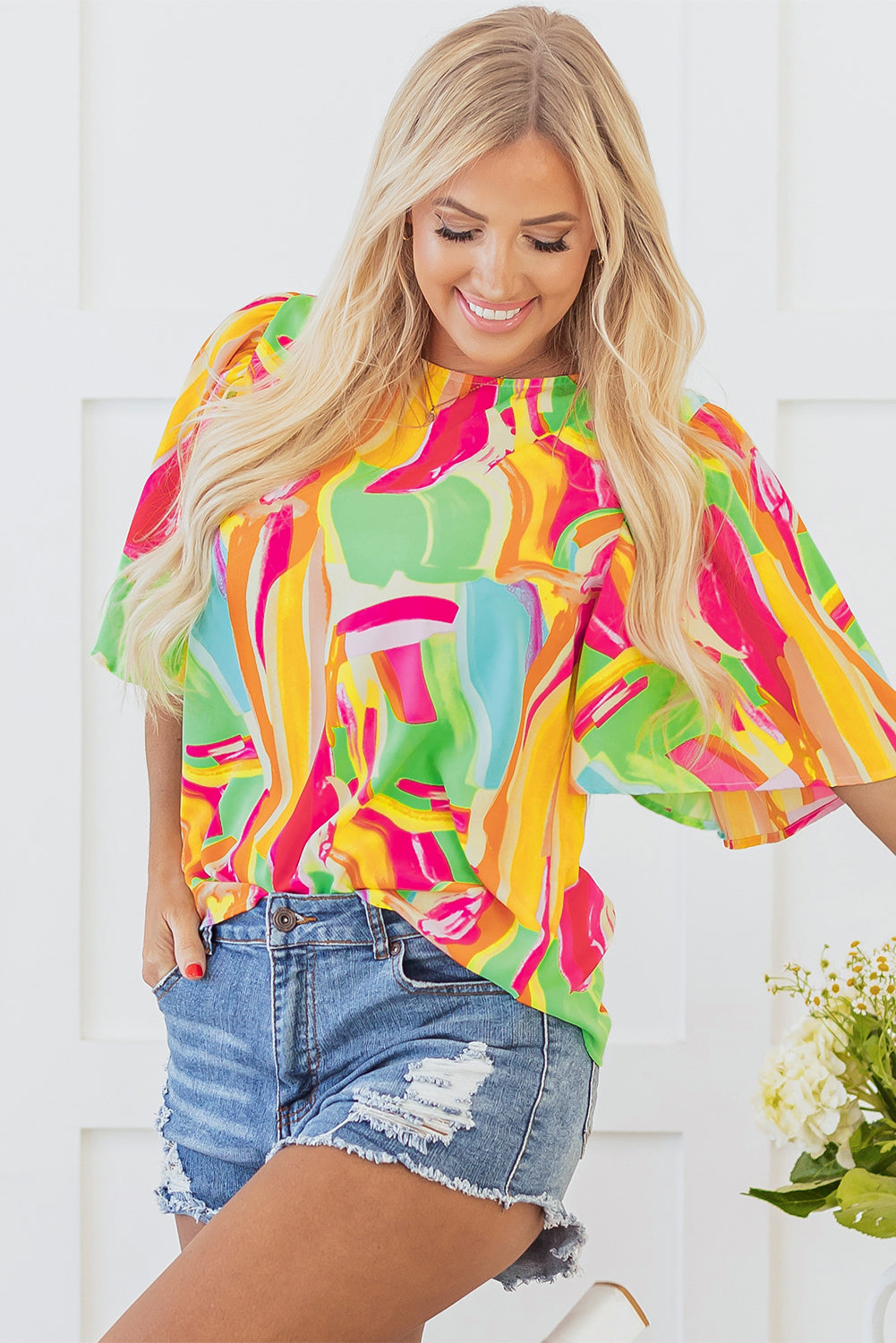 Multicolour Abstract Print Keyhole Back Pleated Half Sleeve Blouse