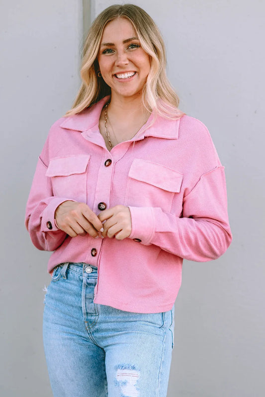 Pink Turn-Down Collar Pockets Shirt Jacket - Chic Meadow Boutique 