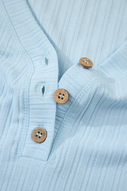 Beau Blue Ribbed Button V Neck Tank Top and Shorts Set