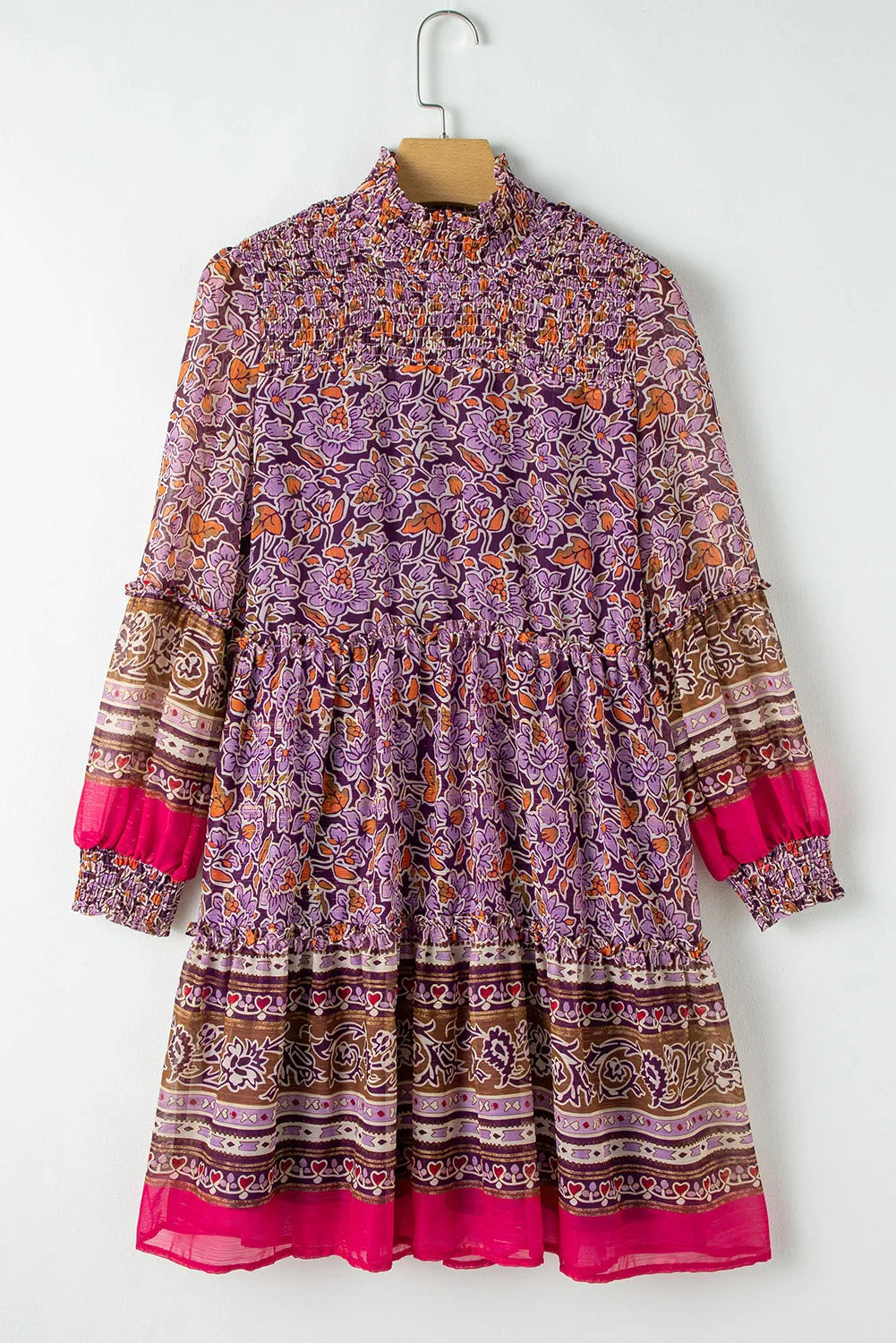 Purple Floral Smocked Puff Sleeve High Neck Mini Dress - Chic Meadow Boutique 