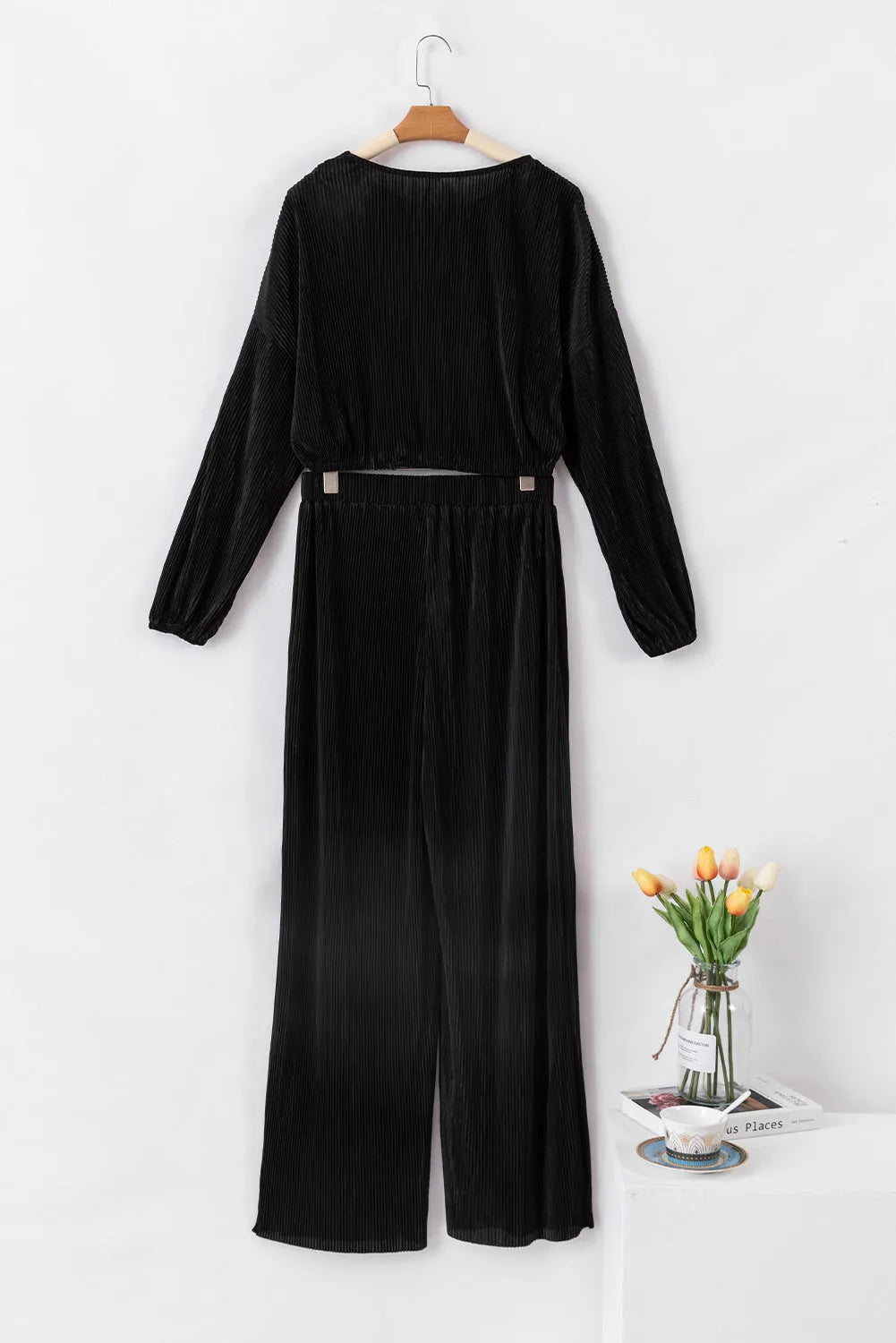 Black Corded Cropped Pullover and Wide Leg Pants Set - Chic Meadow Boutique 