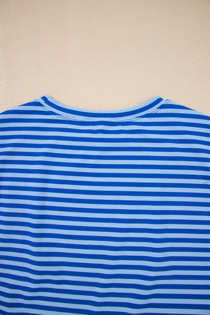Sky Blue Stripe Ribbed Cap Sleeve Round Neck T Shirt
