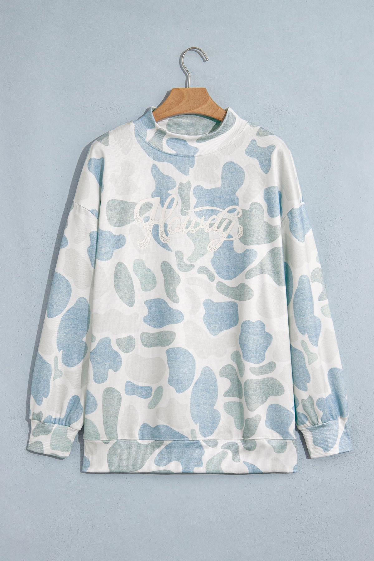 Sky Blue Camo Print Howdy Western Style Baggy Pullover Sweatshirt