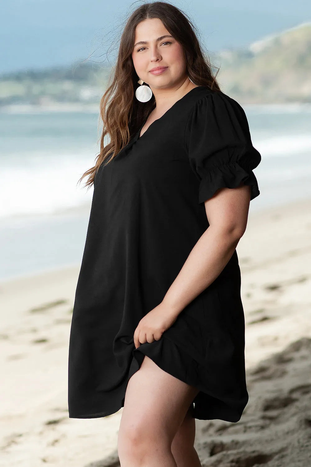 Black Solid Ruffled Puff Sleeve V Neck Plus Size Mini Dress - Chic Meadow Boutique 