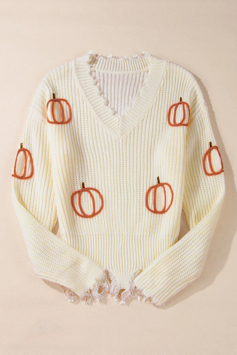 Beige Cable Knit Pumpkin Raw Hem V Neck Loose Sweater - Chic Meadow Boutique 