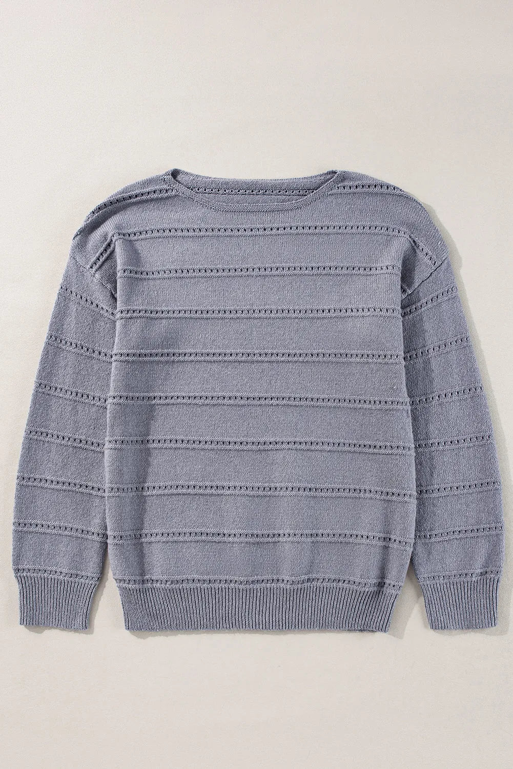 Light Grey Boat Neck Drop Shoulder Pointelle Knit Sweater - Chic Meadow Boutique 