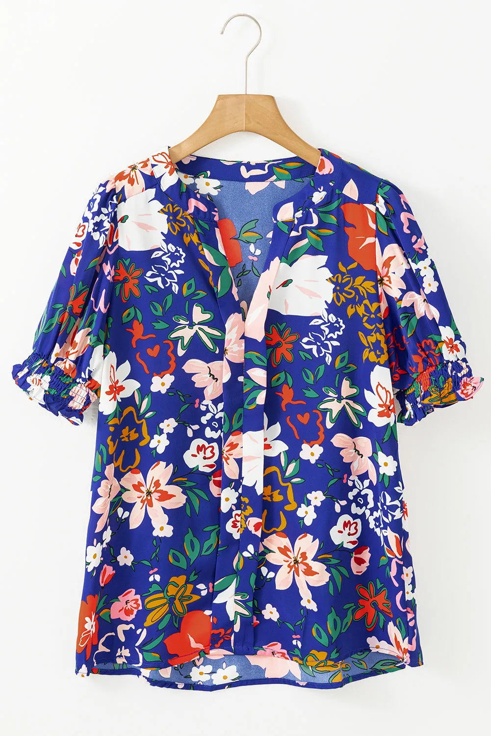 Blue Floral Printed Split V Neck Puff Sleeve Blouse - Chic Meadow Boutique 