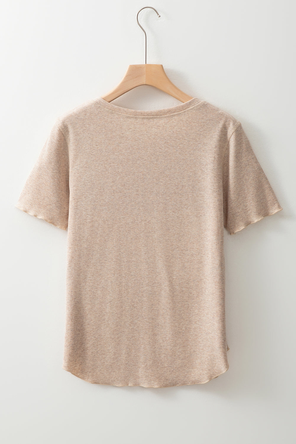 Oatmeal Short Sleeve Half Button Ribbed Knit Top