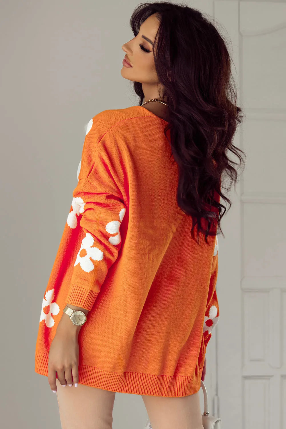 Orange Floral Print Knitted Open Front Loose Cardigan - Chic Meadow Boutique 