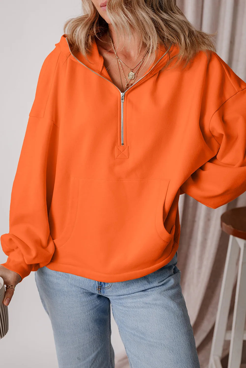 Orange Fleece Lined Half Zipper Kangaroo Pockets Loose Hoodie - Chic Meadow Boutique 