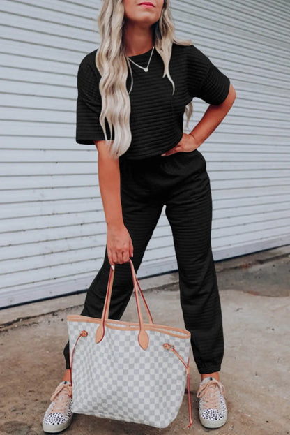 Black Lattice Textured Cropped Tee and Jogger Pants Set - Chic Meadow Boutique 