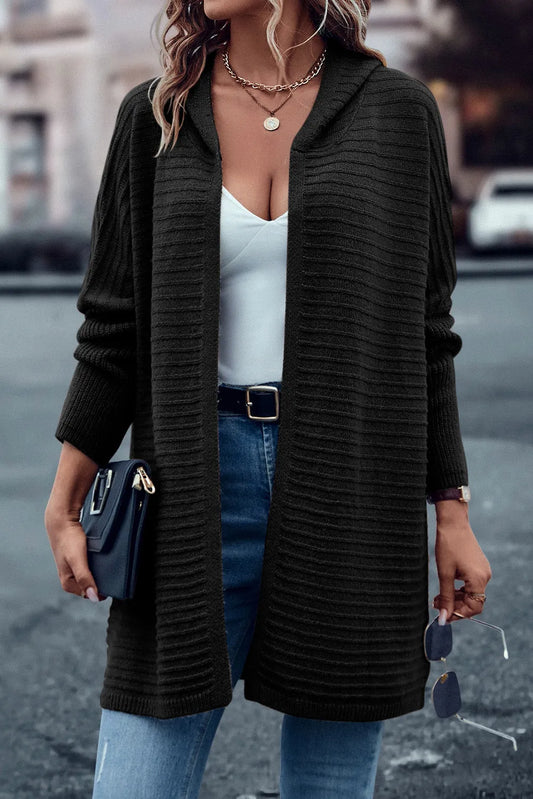 Black Horizontal Rib Knitted Open Front Hooded Cardigan - Chic Meadow Boutique 