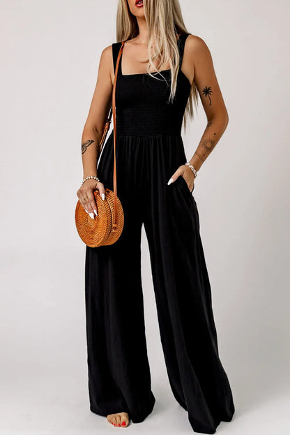 Black Smocked Sleeveless Wide Leg Jumpsuit with Pockets - Chic Meadow Boutique 