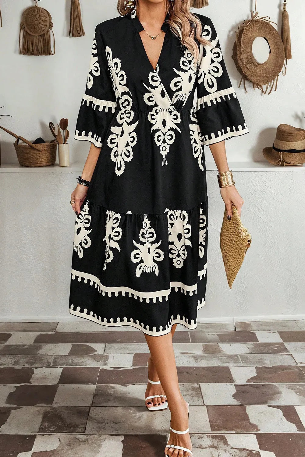 Black Western Geometric Print 3/4 Sleeve Loose Midi Dress - Chic Meadow Boutique 