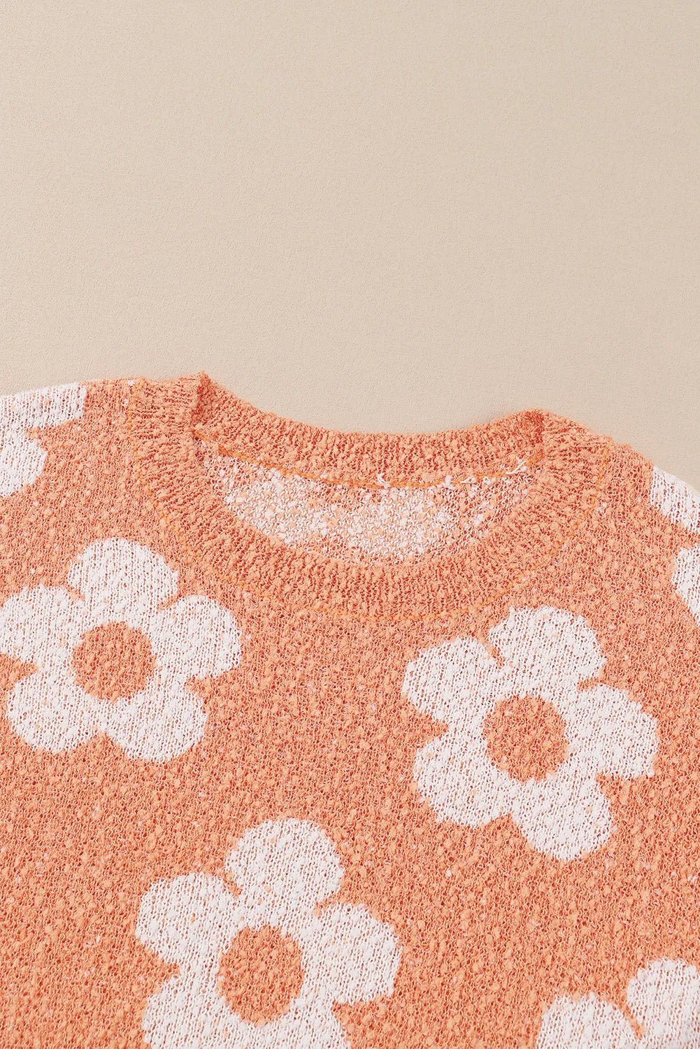 Grapefruit Orange Fuzzy Floral Knitted Drop Shoulder Sweater - Chic Meadow Boutique 