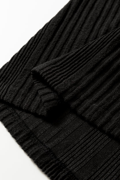 Black Ribbed Open Front Knitted Top with Pockets