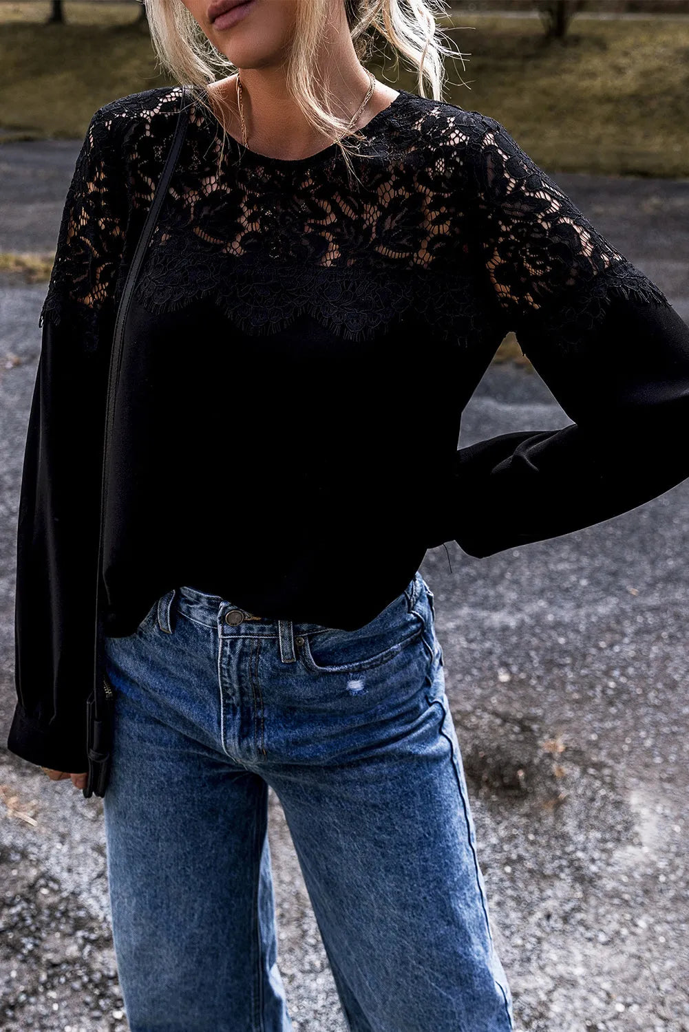 Black Lace Crochet Patchwork O Neck Long Sleeve Top - Chic Meadow Boutique 