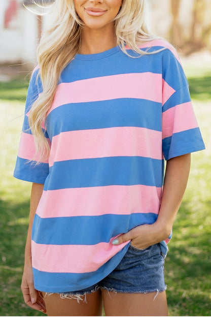 Bright Pink Striped Color Block Oversize Tunic Tee