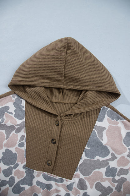 Khaki Camouflage Print Waffle Knit Patchwork Half Zip Plus Size Hoodie