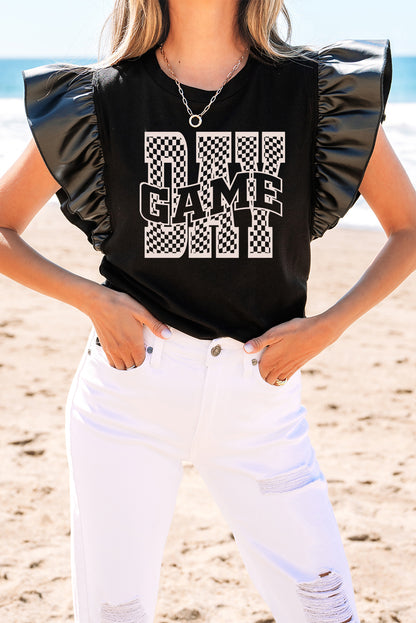 Black GAME DAY Checkered Letter Graphic Leatherette Ruffle Sleeve Top