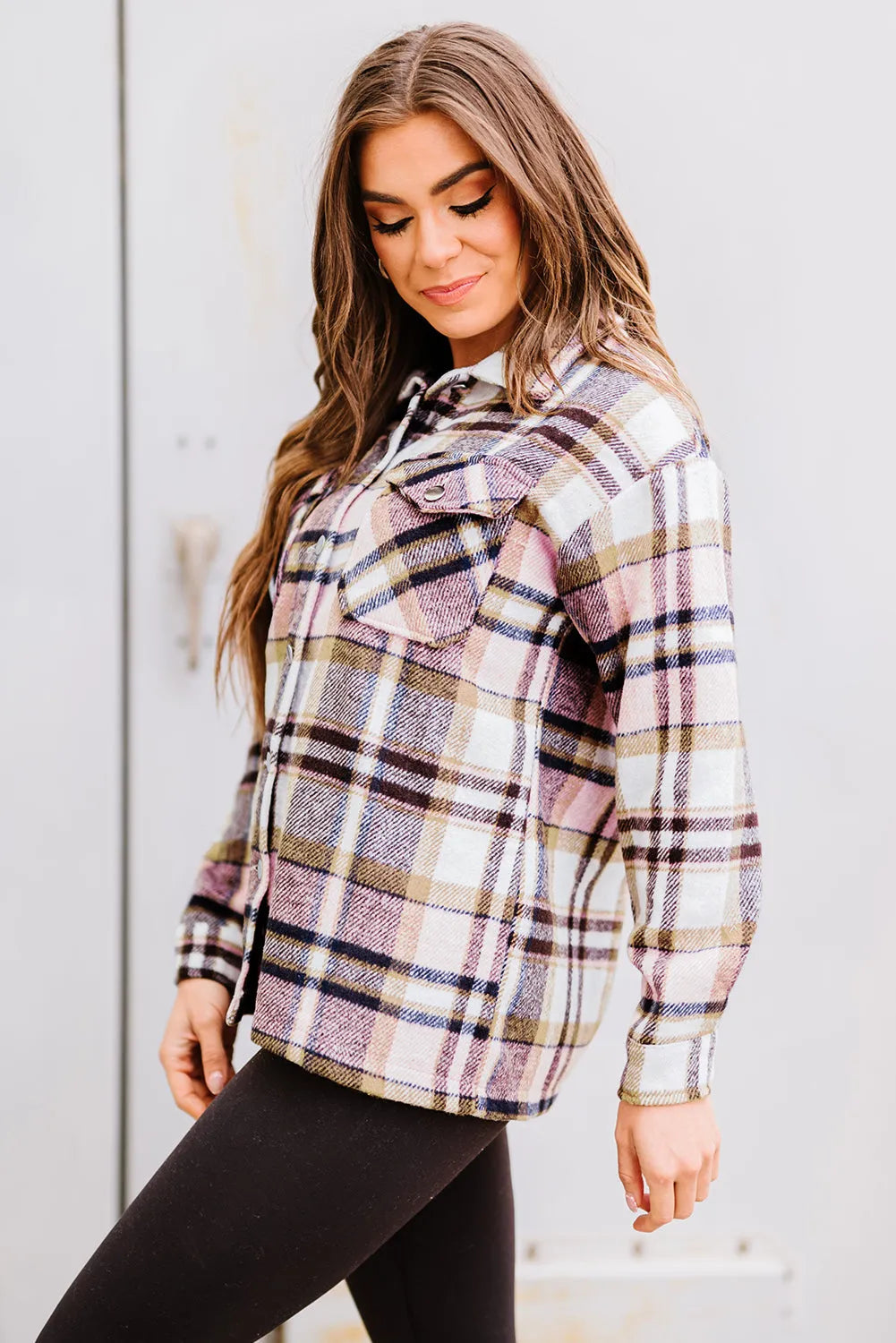 Pink Geometric Plaid Print Pocketed Shacket - Chic Meadow Boutique 