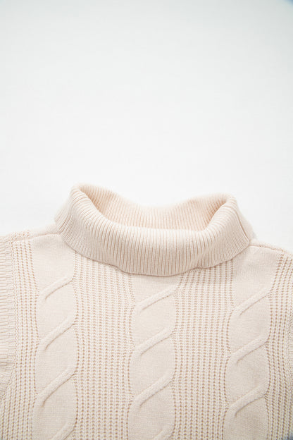 Jet Stream Cable Knit Turtleneck Ruffled Short Sleeve Sweater