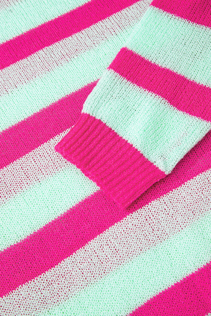 Green Stripe Round Neck Casual Sweater