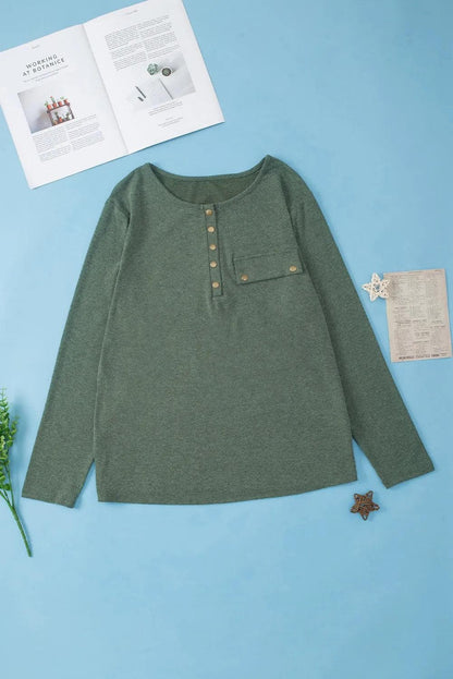 Plus Size/Plus Size Tops/Plus Size Long Sleeve Tops Mist Green Plus Size Snap Button Henley Top