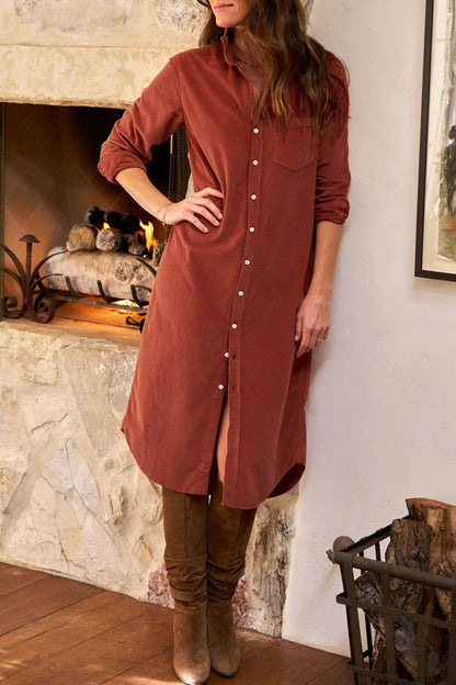 Clay Long Sleeve Button Down Corduroy Midi Length One Piece Dress