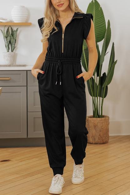 Black Zipper Flutter Sleeve Drawstring High Waist Jumpsuit