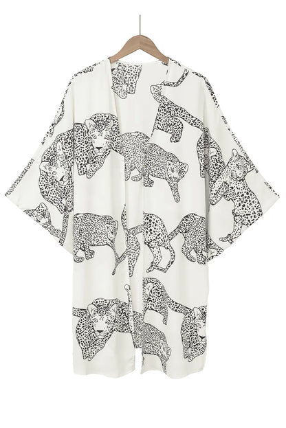 White Cheetah Print Loose Fit Open Front Kimono - Chic Meadow Boutique 