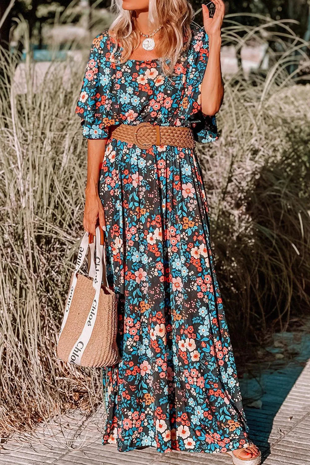 Sky Blue Floral Knotted Back Square Neck Maxi Dress - Chic Meadow Boutique 