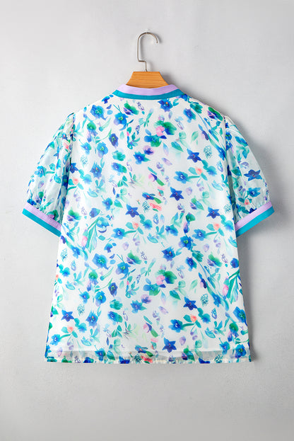 Green Floral Print Colorblock Edge Puff Sleeve Split Neck Plus Size Blouse