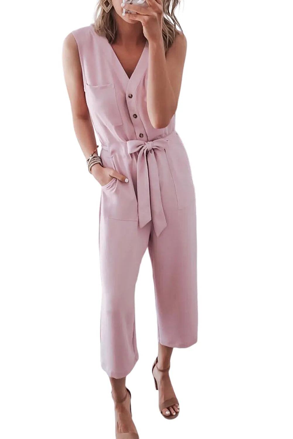 Pink Buttoned Sleeveless Cropped Jumpsuit with Sash - Chic Meadow Boutique 