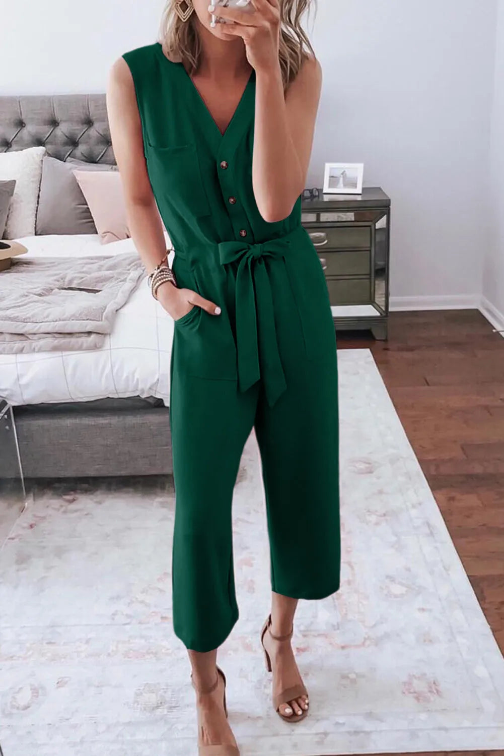 Green Buttoned Sleeveless Cropped Jumpsuit with Sash - Chic Meadow Boutique 