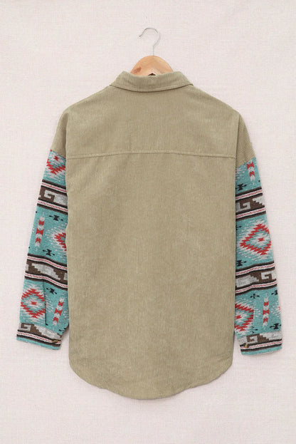 Khaki Aztec Pattern Sleeve Pocketed Corduroy Shacket - Chic Meadow Boutique 