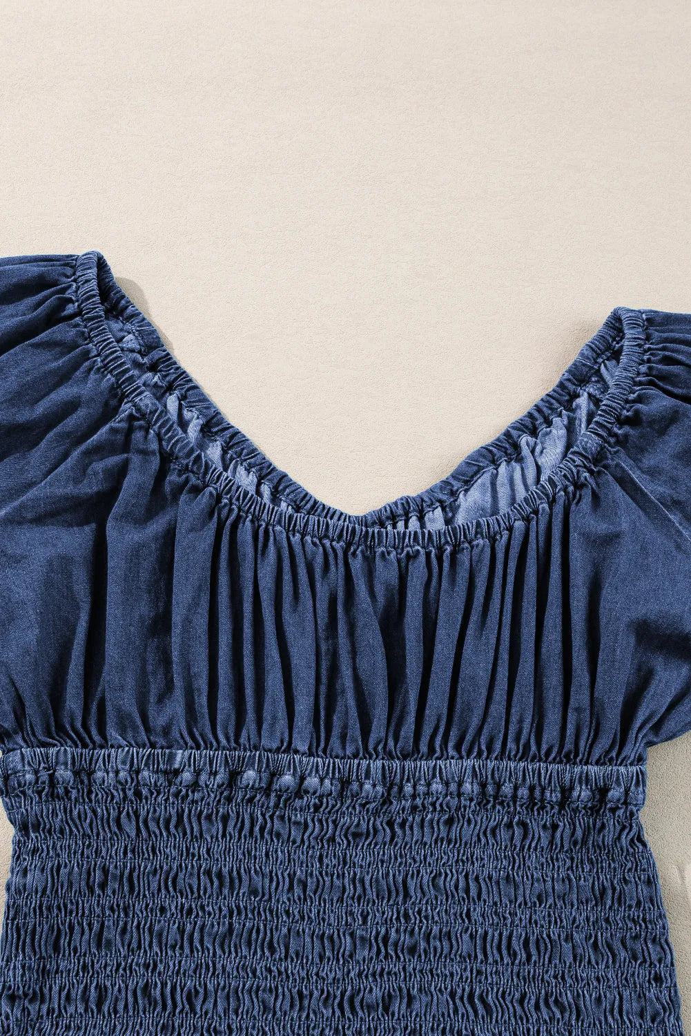 Dark Blue Smocked Ruffled Puff Sleeve V Neck Denim Blouse - Chic Meadow Boutique 