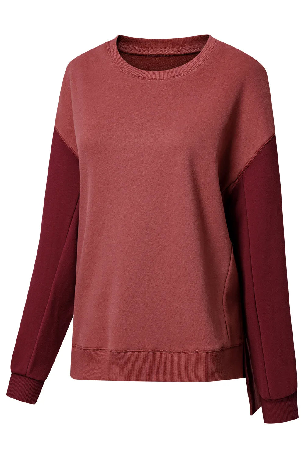 Mineral Red Two Tone Patchwork Drop Shoulder Pullover Sweatshirt - Chic Meadow Boutique 