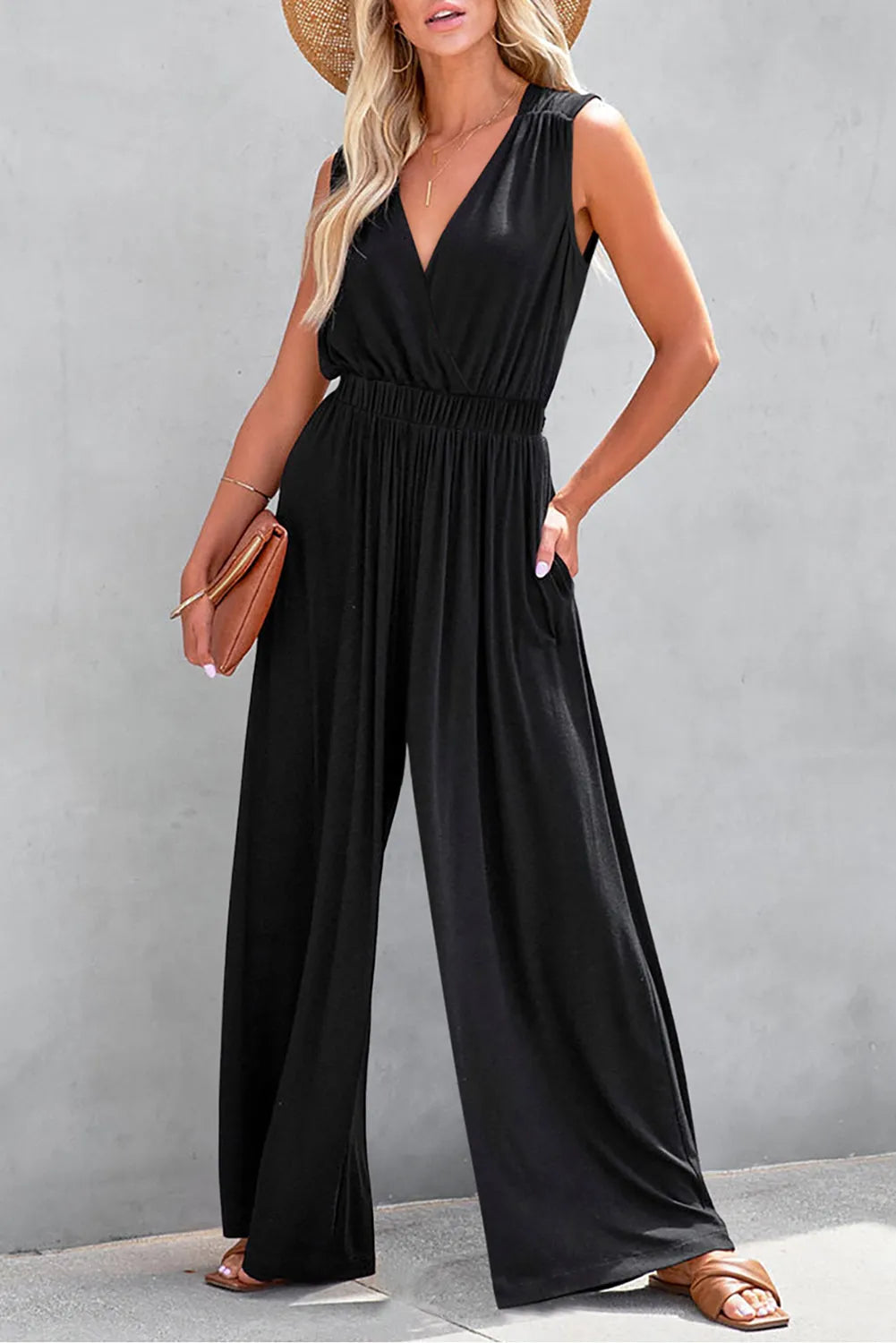 Black Deep V Pleated Crisscross Wide Leg Backless Jumpsuit - Chic Meadow Boutique 