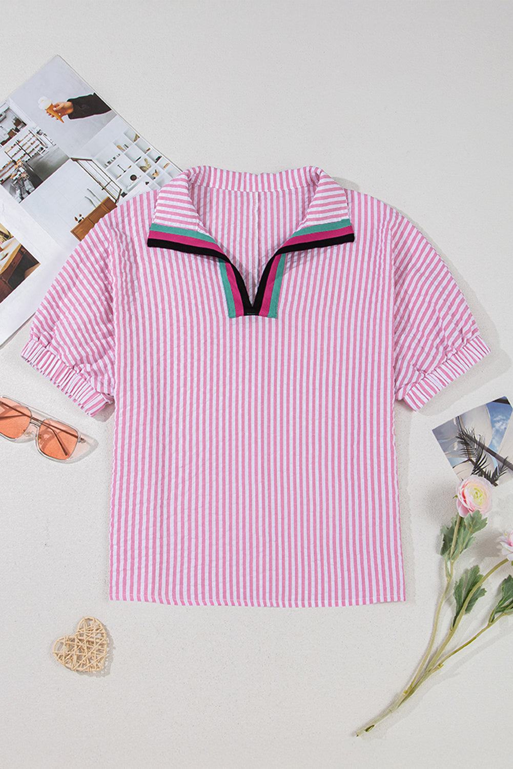 Sachet Pink Striped Print Contrast Split Neck Dolman Sleeve Blouse