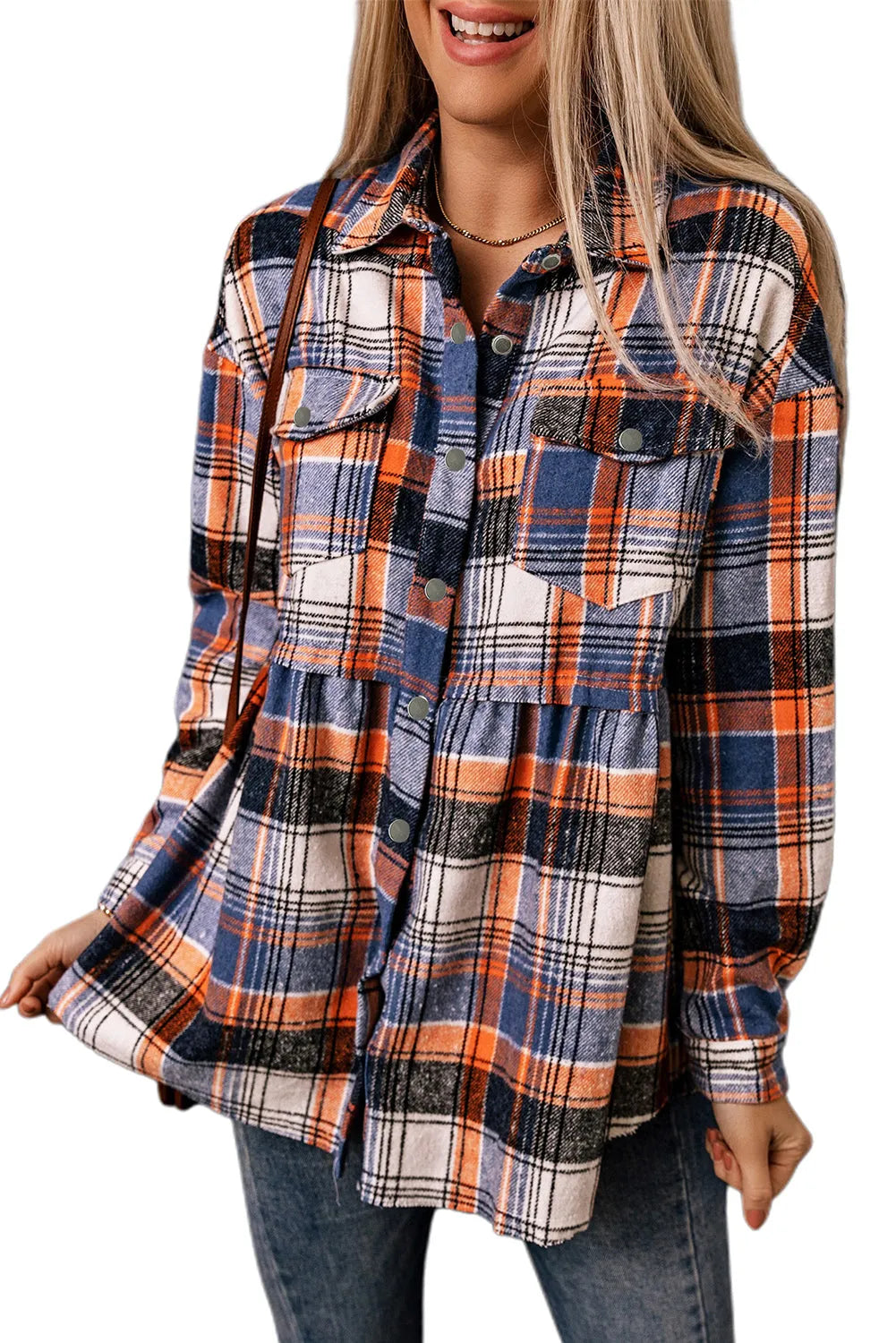 Outerwear/Plaid Shackets Multicolor Plaid Button Down Ruffled Shirt Jacket