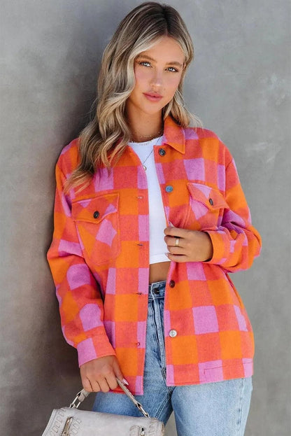 Outerwear/Jackets Orange Plaid Chest Pockets Button-up Turn Down Collar Jacket