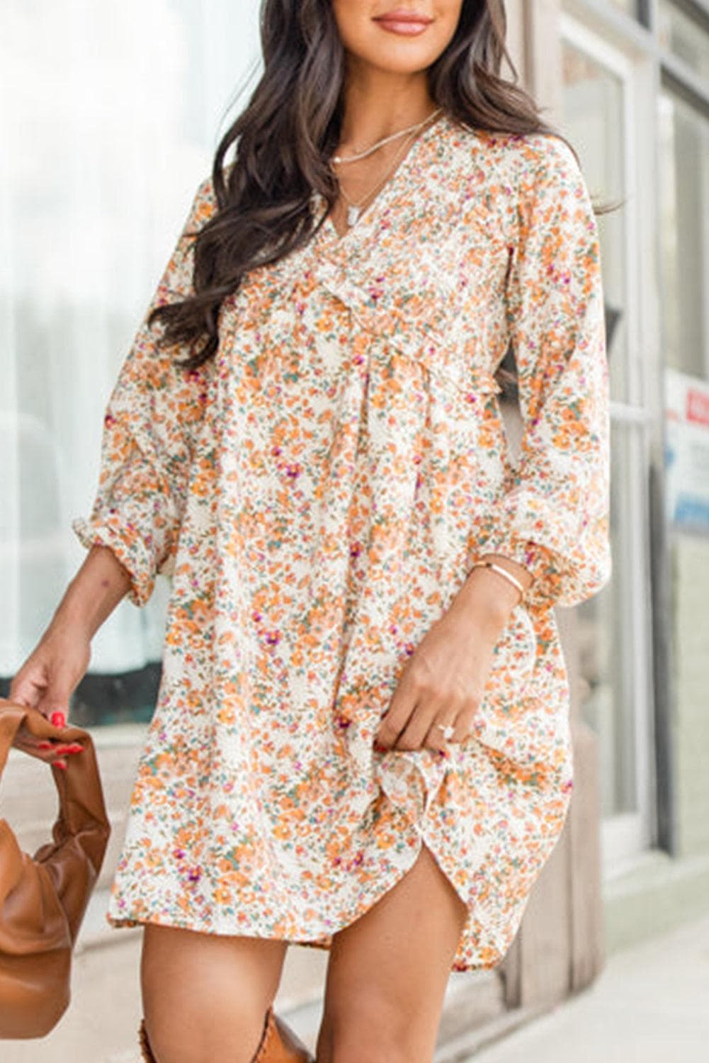 Dresses/Floral Dresses Yellow / S / 100%Polyester Yellow Boho Floral V Neck Ruffled Empire Waist Long Sleeve Mini Dress