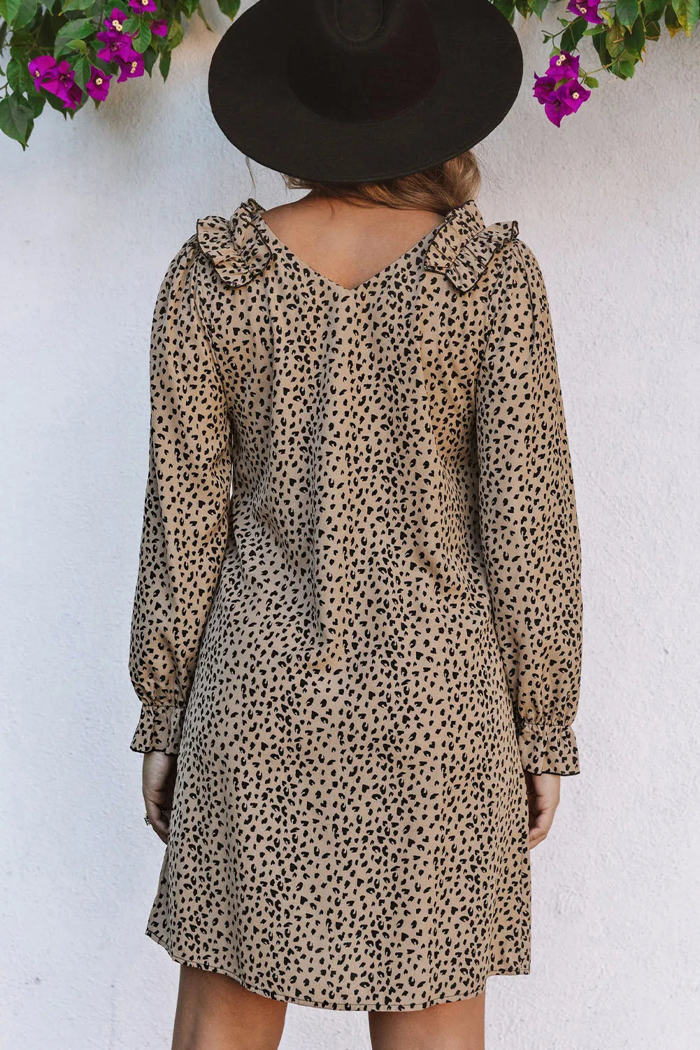 Khaki Leopard Frill Trim V Neck Dress - Chic Meadow Boutique 