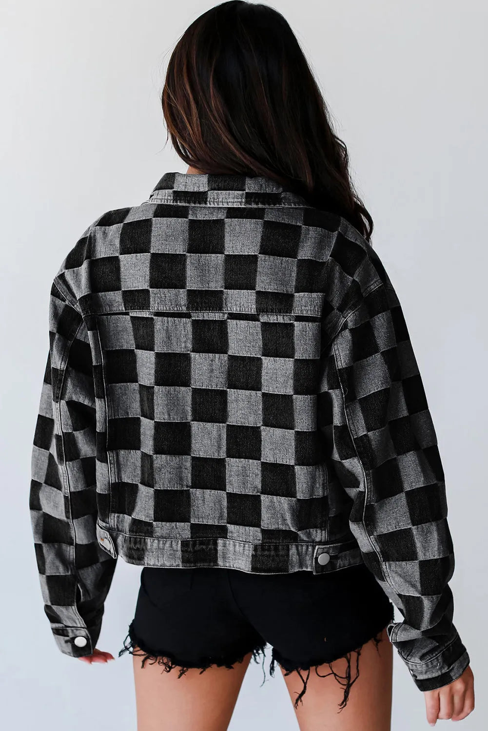 Black Checkered Patchwork Button up Denim Jacket - Chic Meadow Boutique 