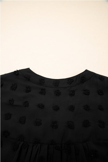 Black Dotty Textured Notched Neck Plus Ruffled Dress