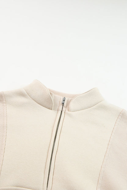 Apricot Half Zip Stand Collar Exposed Seam Solid Color Casual Sweatshirt