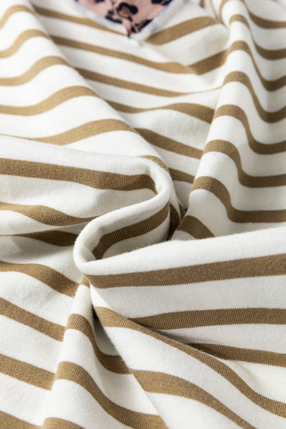 Khaki Stripe Leopard Patchwork Round Neck Loose T Shirt